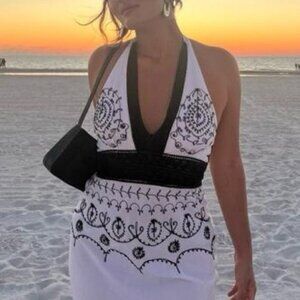 Boutique White & Black Hand Embroidered Sexy Boho Halter Top
